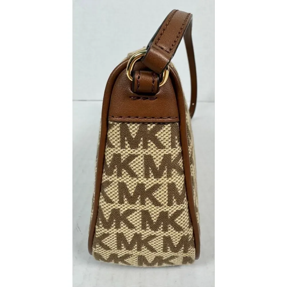 Michael Kors MK Logo Jacquard Shoulder Bag Brown Beige Gold Tone Hardware
